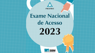 Imagem com fundo azul claro, com quadriculados. Ao centro, um círculo com o texto maior: "Exame de acesso 2023". Acima, o logo do Profmat, e, abaixo, da Sociedade Brasileira de Matemática (SBM)