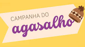 Imagem com fundo amarelo, com uma faixa mais clara e a representação de uma touca, e o texto "Campanha do Agasalho"