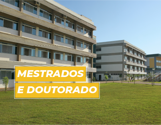 imagem com os prédios do campus e a escrita em branco: Mestrados e Doutorados. As palavras estão dentro de um quadrado amarelo com borda branca