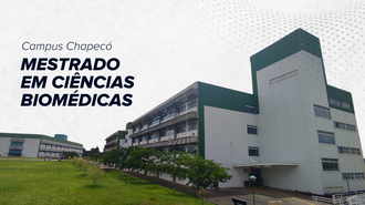 Imagem de prédios da UFFS - Campus Chapecó com o texto "Mestrado em Ciências Biomédicas"