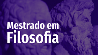 Imagem com fundo roxo, com imagens de bustos de filósofos em perspectiva. Em primeiro plano, o texto "Mestrado em Filosofia"