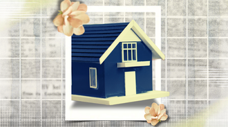 Imagem com fundo claro e a ilustração de uma casa. Nos cantos da casa, duas flores