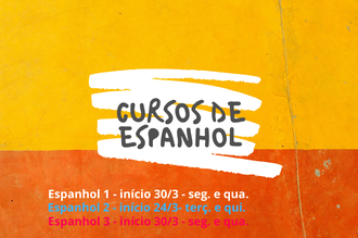 Imagem em amarelo e laranja com informações sobre o curso de Espanhol