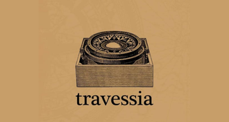 Imagem com fundo de cor bege envelhecido com a marca do Clube de Leitura e, abaixo, o texto "Travessia"