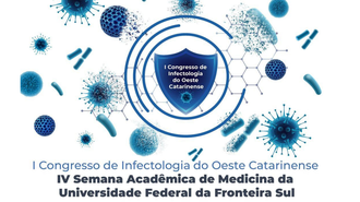 Imagem com fundo branco e elementos gráficos em azul, com o texto: "I Congresso de Infectologia do Oeste Catarinense; IV Semana Acadêmica de Medicina da Universidade Federal da Fronteira Sul".