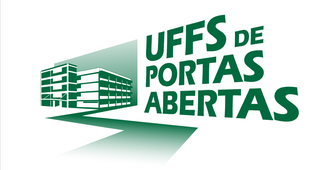 Imagem com o desenho de um dos prédios da UFFS, com o texto "UFFS de portas abertas"