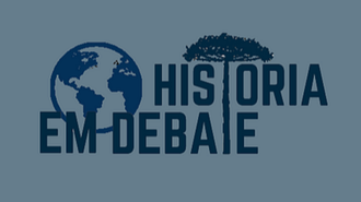 Imagem com a marca do evento História em Debate, o qual tem uma araucária no lugar do T e um globo terrestre antes da palavra "História"