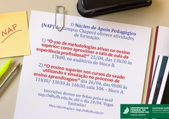 Imagem de um papel com informações dos eventos, e a marca da UFFS - Campus Chapecó, Coordenação Acadêmica e NAP.