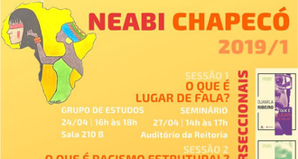 Imagem com a logo do Neabi, fundo amarelo e informações sobre o evento