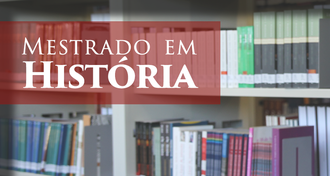 Imagem de livros dispostos em prateleiras de biblioteca e o texto "Mestrado em História"