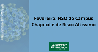 Imagem com fundo azul, representação do Coronavírus à esquerda e texto "Fevereiro: NSO do Campus Chapecó é de Risco Altíssimo" à direita. Abaixo, a marca da UFFS - Campus Chapecó