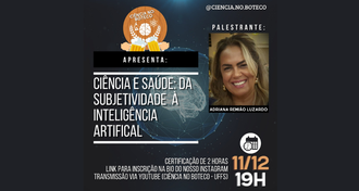 Imagem com fundo preto, a foto da professora Adriana e as informações a respeito do evento