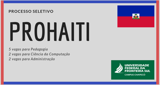Imagem cinza, com bordas horizontais azuis e verticais vermelhas, com informações escritas a respeito do PROHAITI, a bandeira do Haiti à direita, no canto superior, e a marca da UFFS - Campus Chapecó no canto inferior