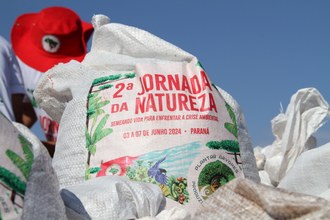 Na foto as sacas contendo as sementes da palmeira juçara. Na embalagem está escrito: 2ª Jornada da Natureza; Semeando vida para enfrentar a crise ambiental; 03 a 07 de junho de 2024 - Paraná.