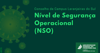 Ilustração com fundo verde escuro contém, na lateral esquerda, figuras de vírus de diversos tamanhos. Ao lado constam as informações: Conselho de Campus Laranjeiras do Sul, Nível de Segurança Operacional (NSO). No canto inferior direito aparece a identidade visual da UFFS - Campus Laranjeiras do Sul.