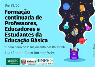 Na imagem consta data, local e título do evento. Ao lado direito uma nuvem sai de dentro da abertura de uma mochila escolar, dentro desta nuvem aparecem vários elementos como: livros, planetas, átomos, paleta de tintas, lâmpada e tubos de ensaio.