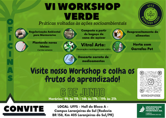 Ilustração com fundo verde com informações sobre o VI Workshop Verde.