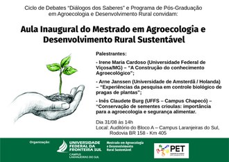 Na imagem são apresentados os detalhes do evento: título, data, local, horário, nome dos palestrantes e das palestras. Em destaque na lateral, a imagem de uma mão segurando uma porção de terra com uma planta.