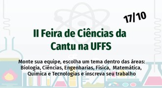 Imagem com desenhos de elementos de laboratório com os dizeres: "Monte sua equipe, escolha um tema dentro das áreas: Biologia, Ciências, Engenharias, Física,  Matemática,  Química e Tecnologias e inscreva seu trabalho"