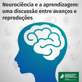 No centro da imagem o perfil de uma pessoa destacando a área do cérebro e no canto superior o título da palestra