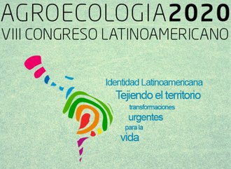 Imagem com o fundo esverdeado, ao canto esquerdo, composto por algumas cores, o desenho do mapa da América Latina. Sobre a imagem está escrito: Agroecologia 2020, VIII Congresso Latinoamericano. Identidad Latinoamericana, tejiendo el territorio, transformaciones urgentes para la vida.