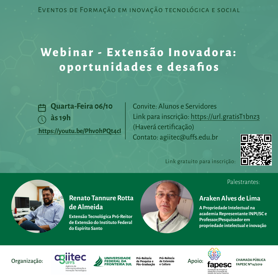 Eventos de Formação em inovação tecnológica e social - Webinar - Extensão Inovadora: oportunidades e desafios